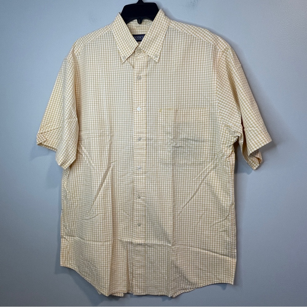 Lands' End Men's Yellow Seer sucker Checkered Button-Down Shirt